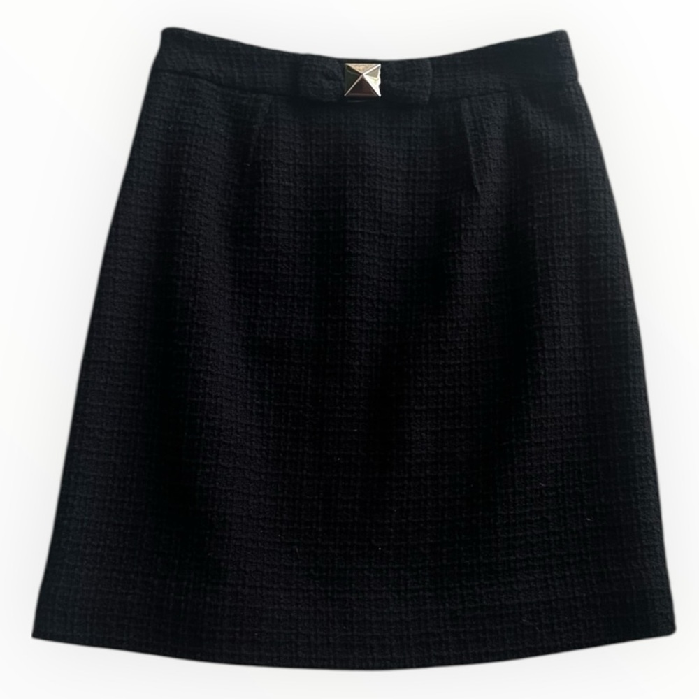 KATE SPADE Wool Textured Black Mini A-Line Skirt Tweed Bow Gold Party Work 6
